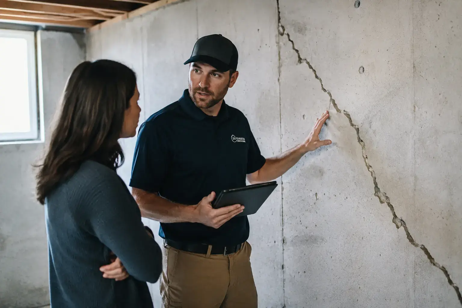 Inspector examining a basement wall crack during a foundation repair inspection