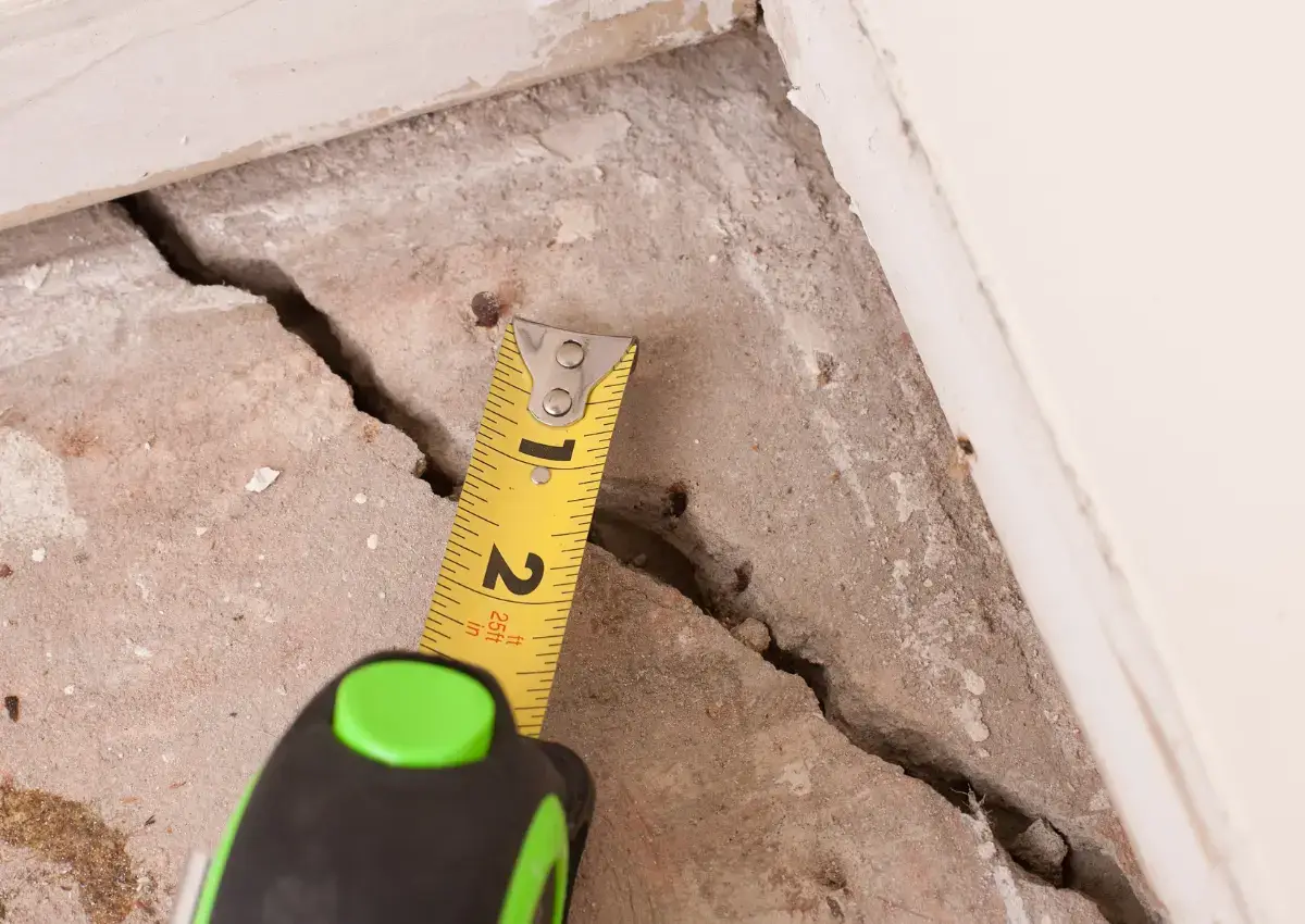 Close-up of a foundation crack, the kind of moment that sends a homeowner searching for foundation repair companies
